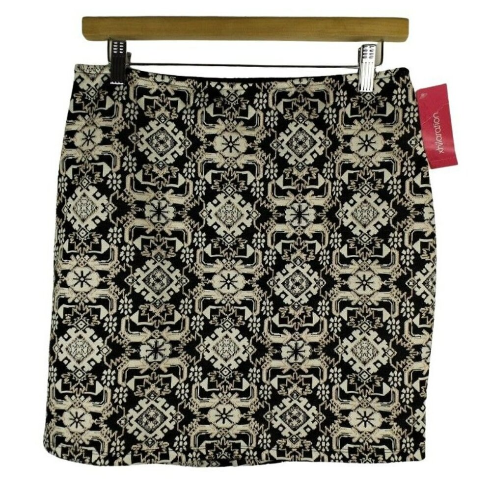 Womens Black and Cream Mini Skirt Pencil Geometric Design Gold Thread  JH910
